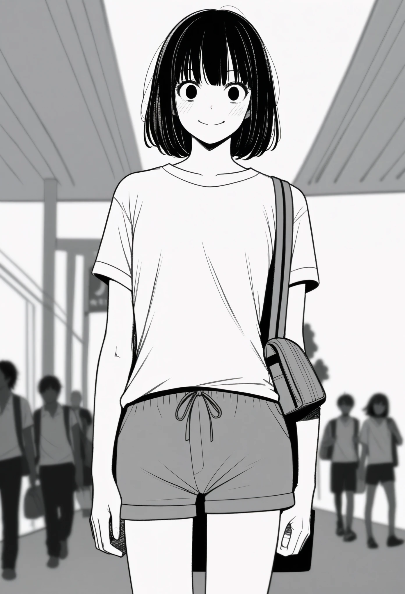 masterpiece, best quality, 1girl, mamerakkkkko, grayscale, manga style, japanese, chi no wadachi, black eyes, street, iced, black hair, schoolbag, smile, lineart, white background, white shirt, grey shorts, centered
