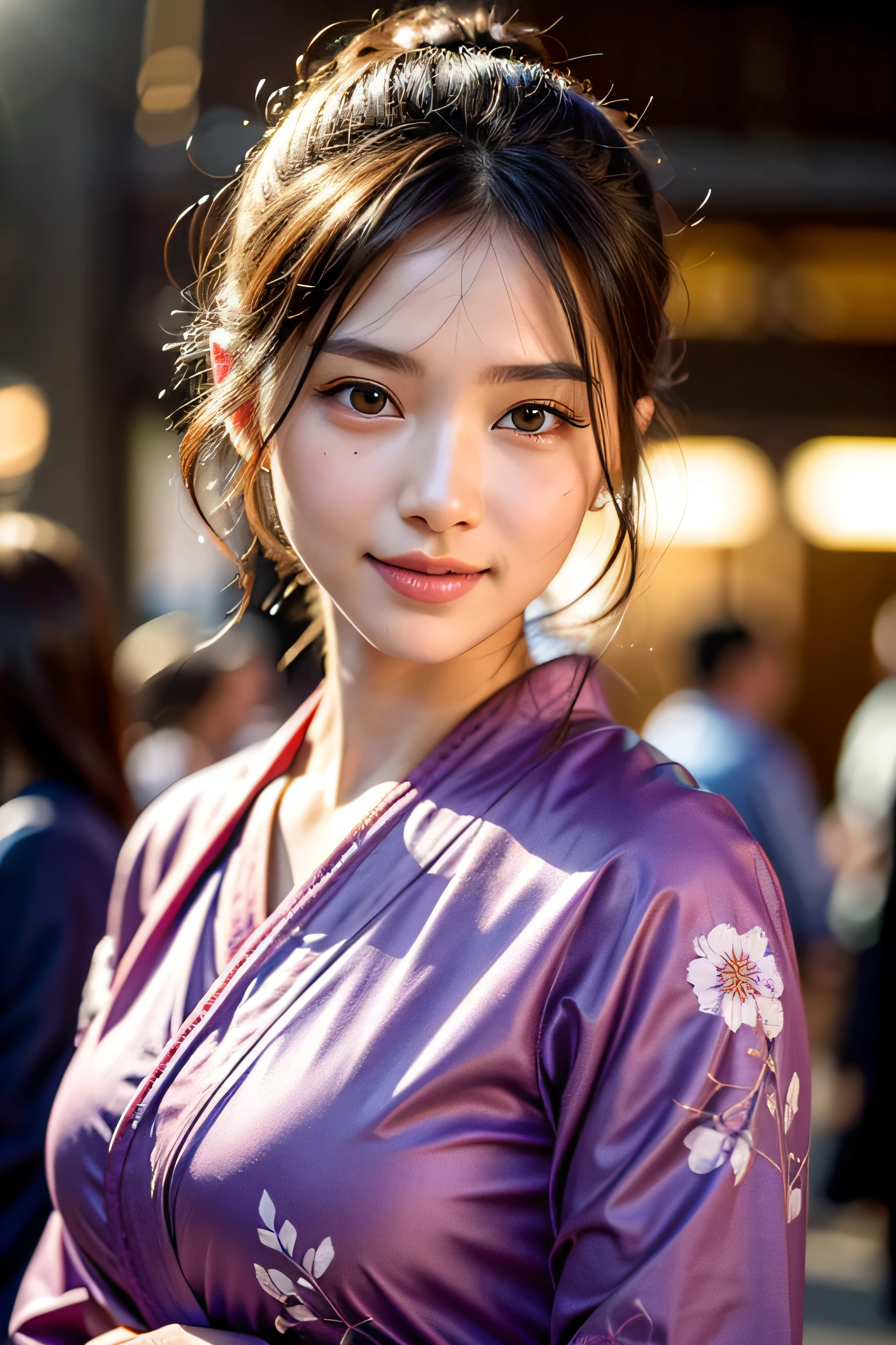 masterpiece, Highest quality, 8k, disorganized person, (Upper Body:1.4), yukata, Beautiful girl, Beautiful face, Looking at the audience, smile, Ultra-realistic, High resolution, picture, The focus was clear, High resolution, Face Light, Dynamic Lighting, Cinema Lighting, Professional Shadow, Beautiful cityscape background, Best details, Very detailed, Super detailded, Finely detailed, Real Skin, Delicate facial features, Detailed face and eyes, Sharp pupils、Realistic students