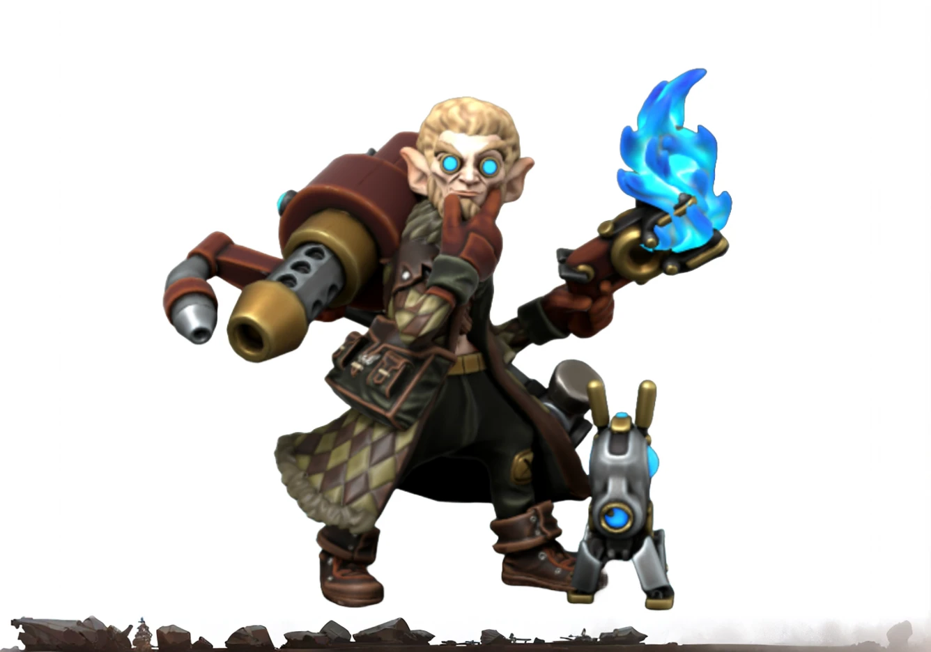 dnd male gnome artificer holds gun with magical blue flame, in ravenloft, curse of strath