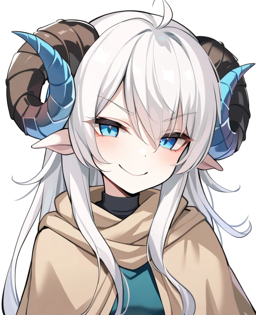 1boy, solo, score_9_up, Monstergirl Encyclopedia, sheep horns, curled horns, blue horns, sheep ears, white hair, long hair, messy hair, long bangs, pale skin, blue eyes, smile, smug, stoic, standing, (dark brown poncho), (white background, simple background), upper body, masterpiece, best quality