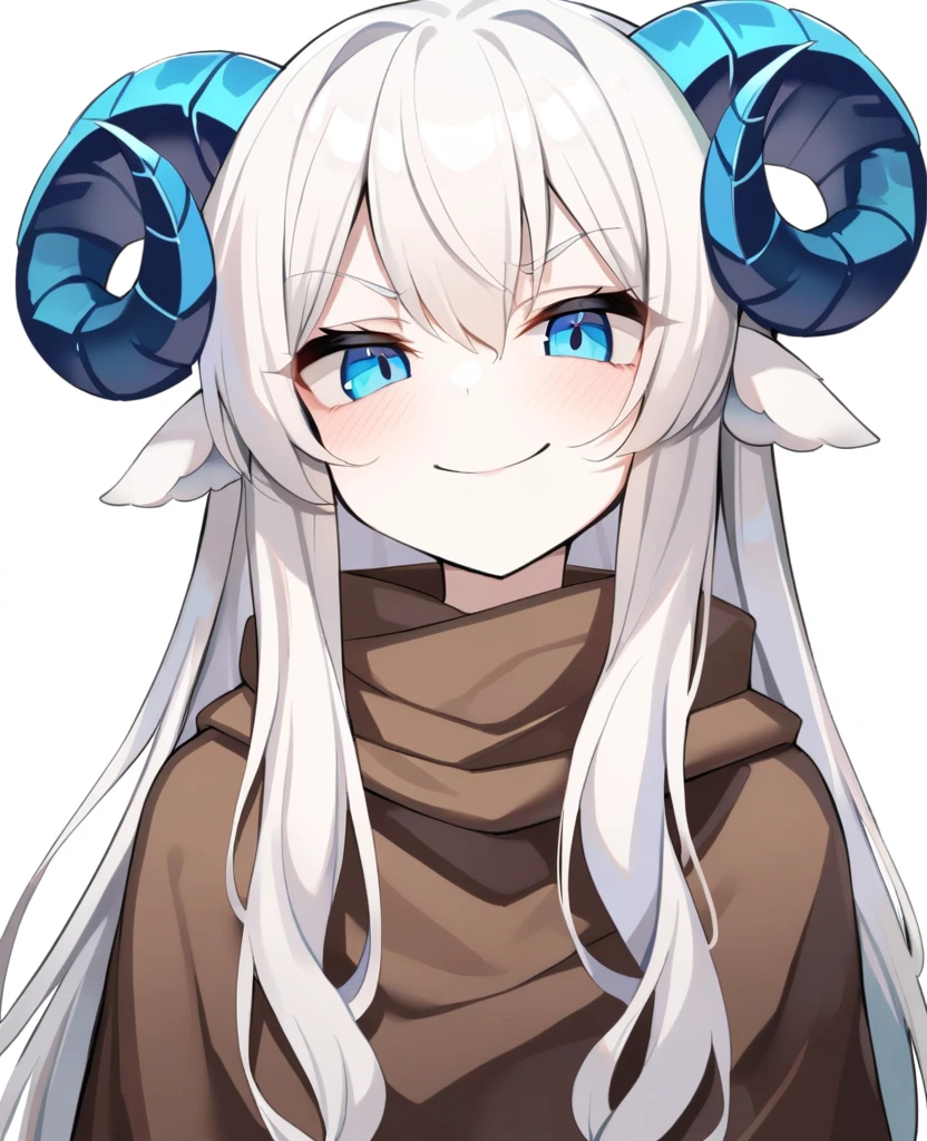1boy, solo, score_9_up, Monstergirl Encyclopedia, sheep horns, curled horns, blue horns, sheep ears, white hair, long hair, messy hair, long bangs, pale skin, blue eyes, smile, smug, stoic, standing, (dark brown poncho), (white background, simple background), upper body, masterpiece, best quality