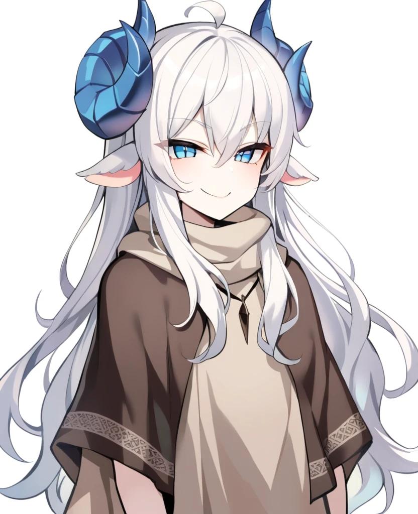 1boy, solo, score_9_up, Monstergirl Encyclopedia, sheep horns, curled horns, blue horns, sheep ears, white hair, long hair, messy hair, long bangs, pale skin, blue eyes, smile, smug, stoic, standing, (dark brown poncho), (white background, simple background), upper body, masterpiece, best quality