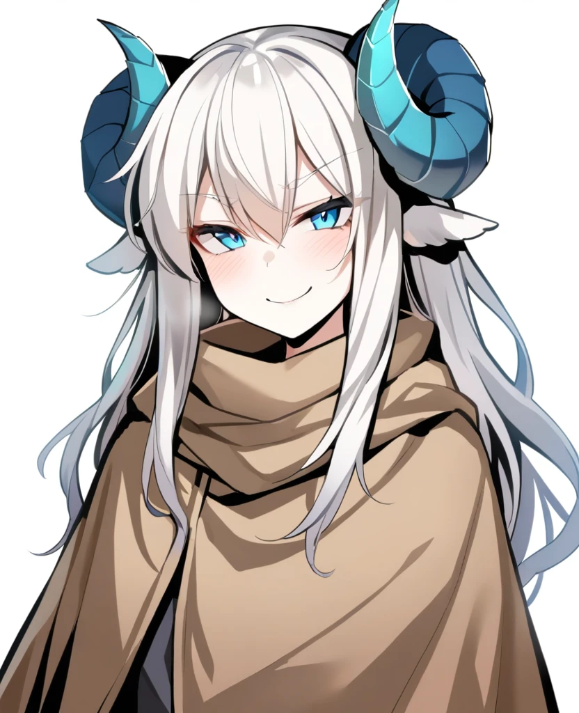 1boy, solo, score_9_up, Monstergirl Encyclopedia, sheep horns, curled horns, blue horns, sheep ears, white hair, long hair, messy hair, long bangs, pale skin, blue eyes, smile, smug, stoic, standing, (dark brown poncho), (white background, simple background), upper body, masterpiece, best quality