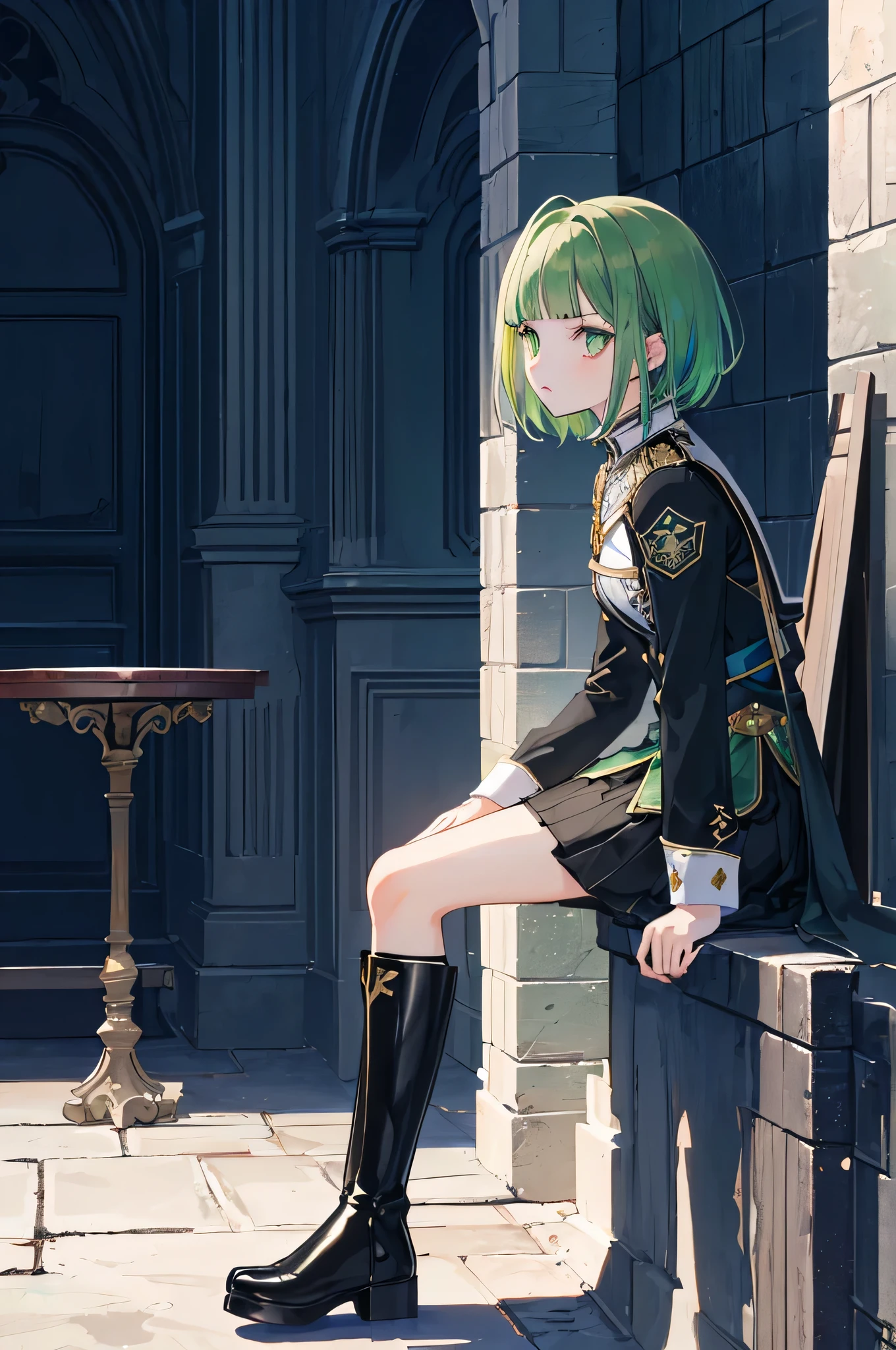 [(with a cathedral background:1.4)::5],original,(shape:1.1),(highest quality),(Tabletop:1.1),(Highly detailed CG Unity 8k wallpaper:1.1), (colorful:0.9),(Mid Shot:0.95),(very detailed beautiful whole body),Dynamic Angle,(alone:1.2), (girl),(((Adult))), (Beautiful eyes in every detail:1.15), (Beautiful Face:1.15), (Glowing green eyes:1.25////),(Gemstone Eyes),(Green Short Hair),(Blunt bangs),((The girl wear a black knight uniform)),Realistic,, girl,Green Hair,((Black long boots)), Black mini skirt,Black knee socks(rage),(Contempt and contempt),rage,(beautiful slender girl),((Adult)),((whole body)),Valkyrie, Decorations,((Thin legs)),((slender girl)),Front Angle,Front Angle,(night),
