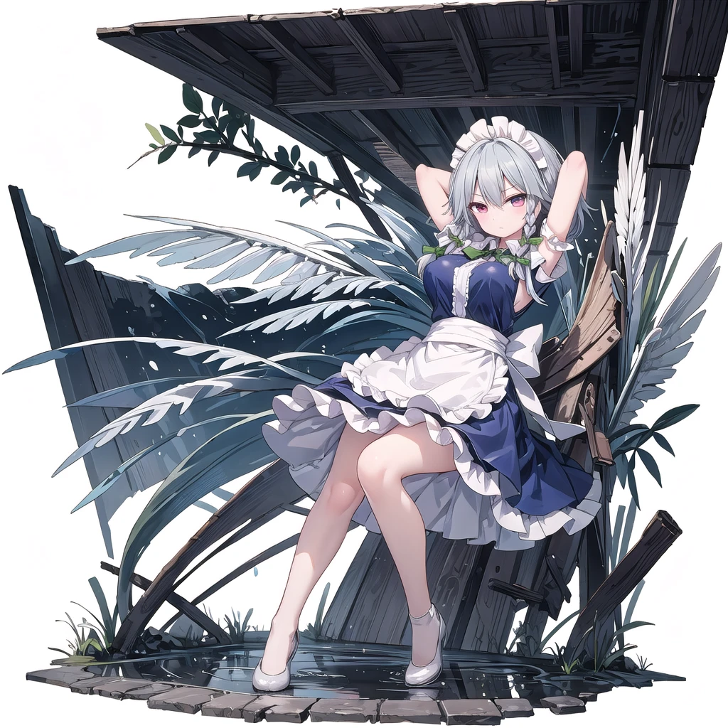 (best quality), (very aesthetic), (ultra-detailed), (best (best quality), (very aesthetic), (ultra-detailed), (best illustration),(((one women))),(((izayoi sakuya))),(touhou), red eyes, maid, medium hair, twin braids, grey hair, maid headdress, blue dress, puffy short sleeves, maid apron, waist apron, white apron, green bow, hair bow, waist bow, white bow, ,(large breasts),(((full body))),(((arms behind head))),(((model posing))),(((white background))),(((Diagonal angle)))