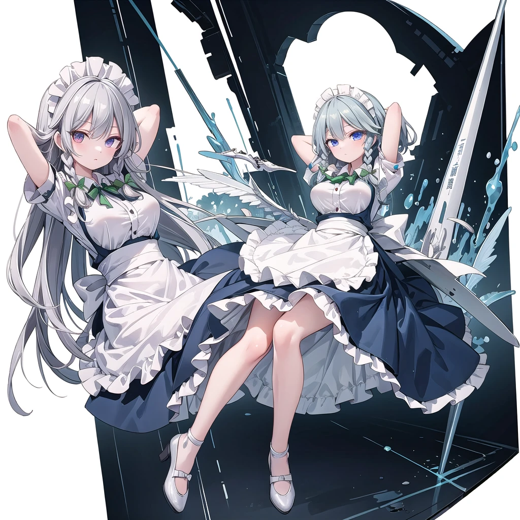 (best quality), (very aesthetic), (ultra-detailed), (best (best quality), (very aesthetic), (ultra-detailed), (best illustration),(((one women))),(((izayoi sakuya))),(touhou), red eyes, maid, medium hair, twin braids, grey hair, maid headdress, blue dress, puffy short sleeves, maid apron, waist apron, white apron, green bow, hair bow, waist bow, white bow, ,(large breasts),(((full body))),(((arms behind head))),(((model posing))),(((white background))),(((Diagonal angle)))