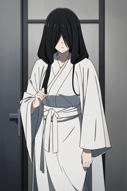 ((masterpiece)), (best quality), (absurdres), black hair, yamamura_sadako, long sleeves, (white robe, black obi), (grey skin), hair over eyes, eyes covered, looking at viewer, cape, long cape, long skirt