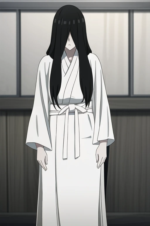 ((masterpiece)), (best quality), (absurdres), black hair, yamamura_sadako, long sleeves, (white robe, black obi), (grey skin), hair over eyes, eyes covered, looking at viewer, cape, long cape, long skirt