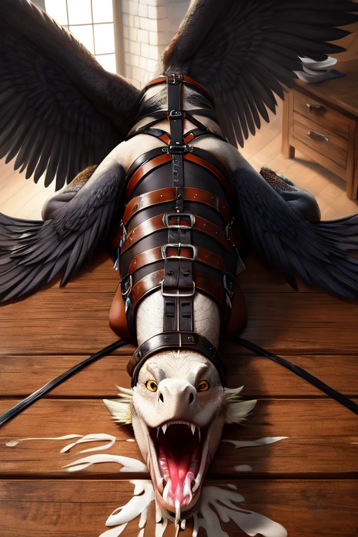 feathered dragon body lying down on the table. Wings spread out and Strapped to the table with leather straps. Mouth wide open with no teeth and fangs and tooth. Milk dripping out of mouth splattering onto the table. Milk inside mouth. Photorealistic. Head tied down to the table. Leather harness on head
