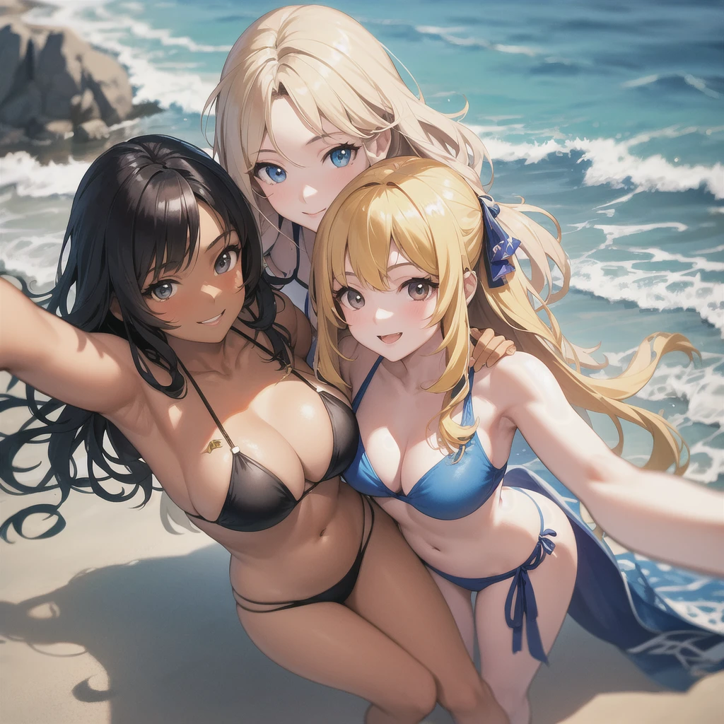 Realistic, 3 beautiful Japanese gals, Selfie, Face Enhancement, Face Zoom, Big smile, Long blonde hair, Wavy Hair, Dark Skin, Beach, bikini, Looking up from below