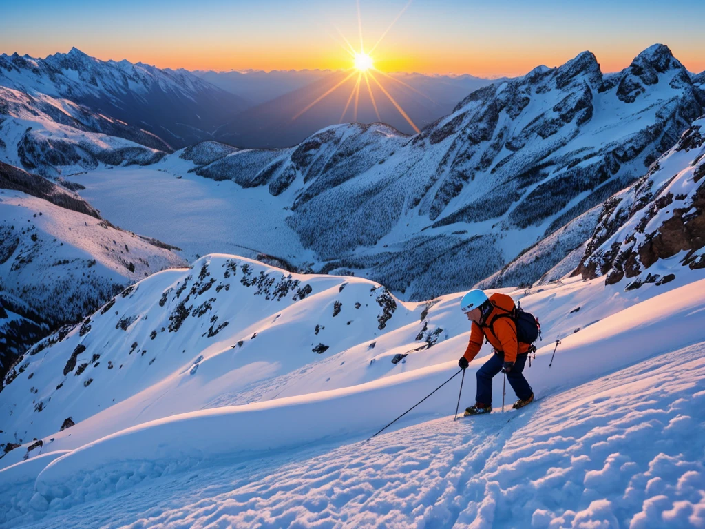 A determined climber climbing a steep snow-covered mountain, com o nascer do sol iluminando o horizonte e refletindo nos picos nevados