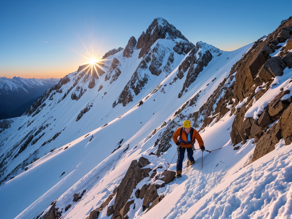 A determined climber climbing a steep snow-covered mountain, com o nascer do sol iluminando o horizonte e refletindo nos picos nevados