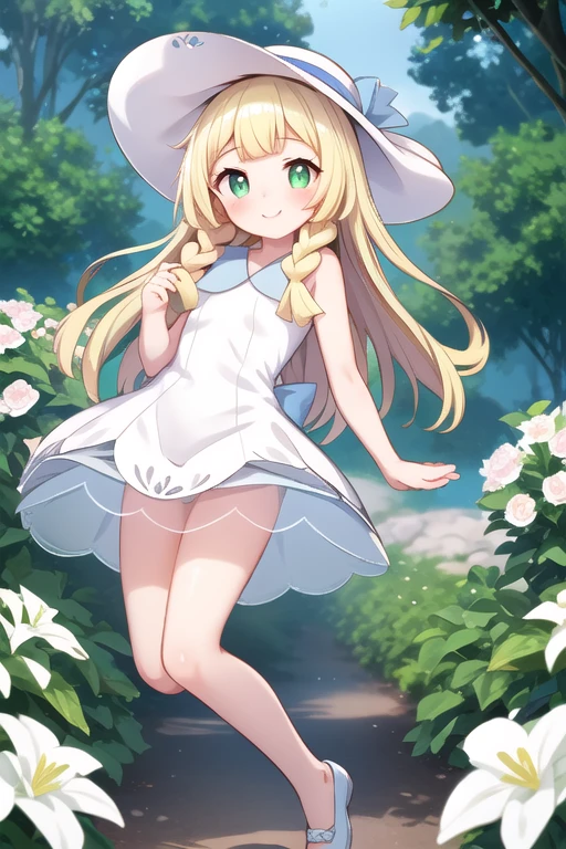 1 girl, masterpiece, top quality, lillie (pokemon), lillie, dress, green eyes, blonde hair, long hair, white dress, blush, white hat, big hat, looking at viewer, , braids, twin braids, blonde, Full body image, jump, outdoors, nature, sky, cute, happy, nice smile, young, bright sunlight, lily flower, have flowers, white lily, (masterpiece:1.2), best quality, high resolution, unity 8k wallpaper, (illustration:0.8), (beautiful detailed eyes:1.6), extremely detailed face, perfect lighting, extremely detailed CG, (perfect hands, perfect anatomy),