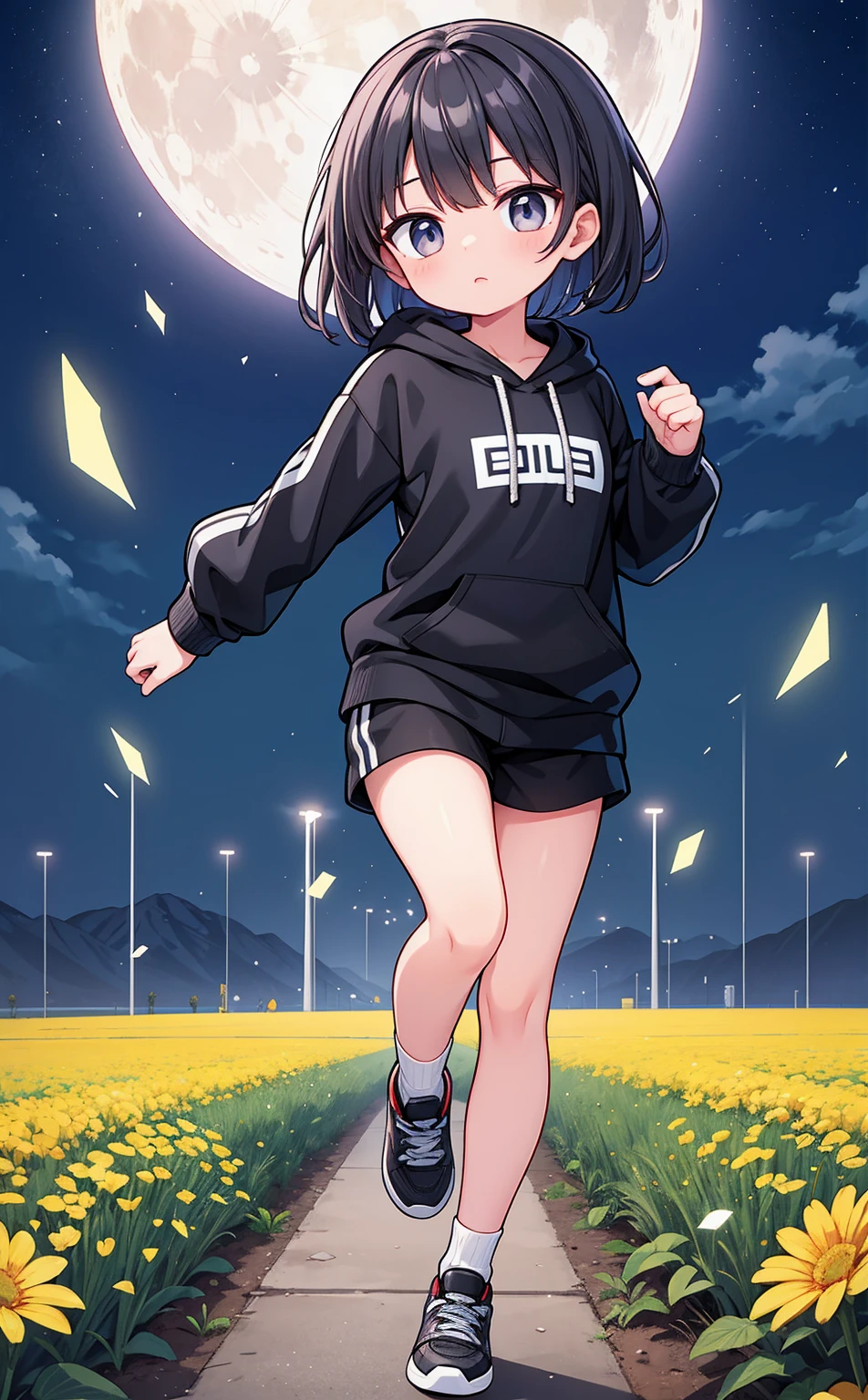 1 " 18-year-old" Sister、Braided side up short hair、dark grey HAIR、Golden Eyes、Black hooded jumper、Grey T-shirt、Very big 、Hard-textured black shorts、Gray sneakers、Black Pantyhose、Doing parkour moves、It seems to fly through the air on the wind.、A flower field glowing pale at night、Pale Moon