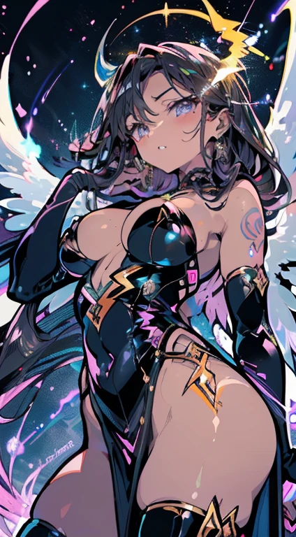 (Obra de arte), melhor qualidade, olhos expressivos, rosto perfeito, (fechar-se), (Corpo perfeito), (totalmente vestido), (Rostos detalhados), (Angel Illumination), (Armadura do anjo preto), (Lightning Swords), (sfw), (grande afro), (Afro Lightning), (armadura reveladora), (olhos brilhantes), (mulato), (tom de pele bronzeado escuro), (electric wings), Black Lips, Sombra escura, (detalhe extra), (asas de anjo negro), (tatuagens brilhantes), (seios enormes), (labios grandes), (olhos roxos), (rosto bonito), delgado, (beautiful hands)