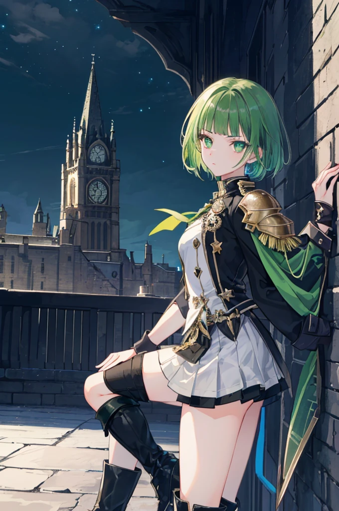 [(with a cathedral background:1.4)::5],original,(shape:1.1),(highest quality),(Tabletop:1.1),(Highly detailed CG Unity 8k wallpaper:1.1), (colorful:0.9),(Mid Shot:0.95),(very detailed beautiful whole body),Dynamic Angle,(alone:1.2), (girl),(((Adult))), (Beautiful eyes in every detail:1.15), (Beautiful Face:1.15), (Glowing green eyes:1.25////),(Gemstone Eyes),(Green Short Hair),(Blunt bangs),((The girl wear a black knight uniform)),Realistic,, girl,Green Hair,((Black long boots)), Black mini skirt,Black knee socks(rage),(Contempt and contempt),rage,(beautiful slender girl),((Adult)),((whole body)),Valkyrie, Decorations,((Thin legs)),((slender girl)),Front Angle,Front Angle,(night),