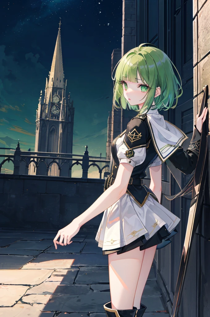 [(with a cathedral background:1.4)::5],original,(shape:1.1),(highest quality),(Tabletop:1.1),(Highly detailed CG Unity 8k wallpaper:1.1), (colorful:0.9),(Mid Shot:0.95),(very detailed beautiful whole body),Dynamic Angle,(alone:1.2), (girl),(((Adult))), (Beautiful eyes in every detail:1.15), (Beautiful Face:1.15), (Glowing green eyes:1.25////),(Gemstone Eyes),(Green Short Hair),(Blunt bangs),((The girl wear a black knight uniform)),Realistic,, girl,Green Hair,((Black long boots)), Black mini skirt,Black knee socks(rage),(Contempt and contempt),rage,(beautiful slender girl),((Adult)),((whole body)),Valkyrie, Decorations,((Thin legs)),((slender girl)),Front Angle,Front Angle,(night),