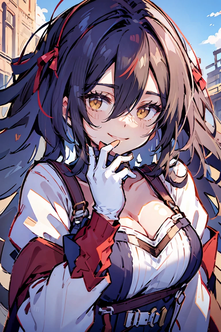 (masterpiece:1.2), (high quality:1.2), (hui xiyi:0.75), rekkyo sensen, rekkyou sensen, girls with((black hair, (tits cleavage:1.15), (waving is hands:1.2), (breasts close up:1.15), (suspenders:1.2), (dress:0.65), (blue clothes:1.05), (belts:0.7), (frills shirt:1.2), (white knit sweater:1.2), camisole, exposed breasts, straps, (cross:1.05), upper body, (both white gloves:1.2), (white gloves:1.2), (long wavy hair:1.2), (one side up:1.2), nun, long sleeves, (both hands:1.15), (perfect hands:1.05), (five fingers:1.05))), background with((fantasy world, ruin, castle, beautiful sky, shining sky, sunshine))