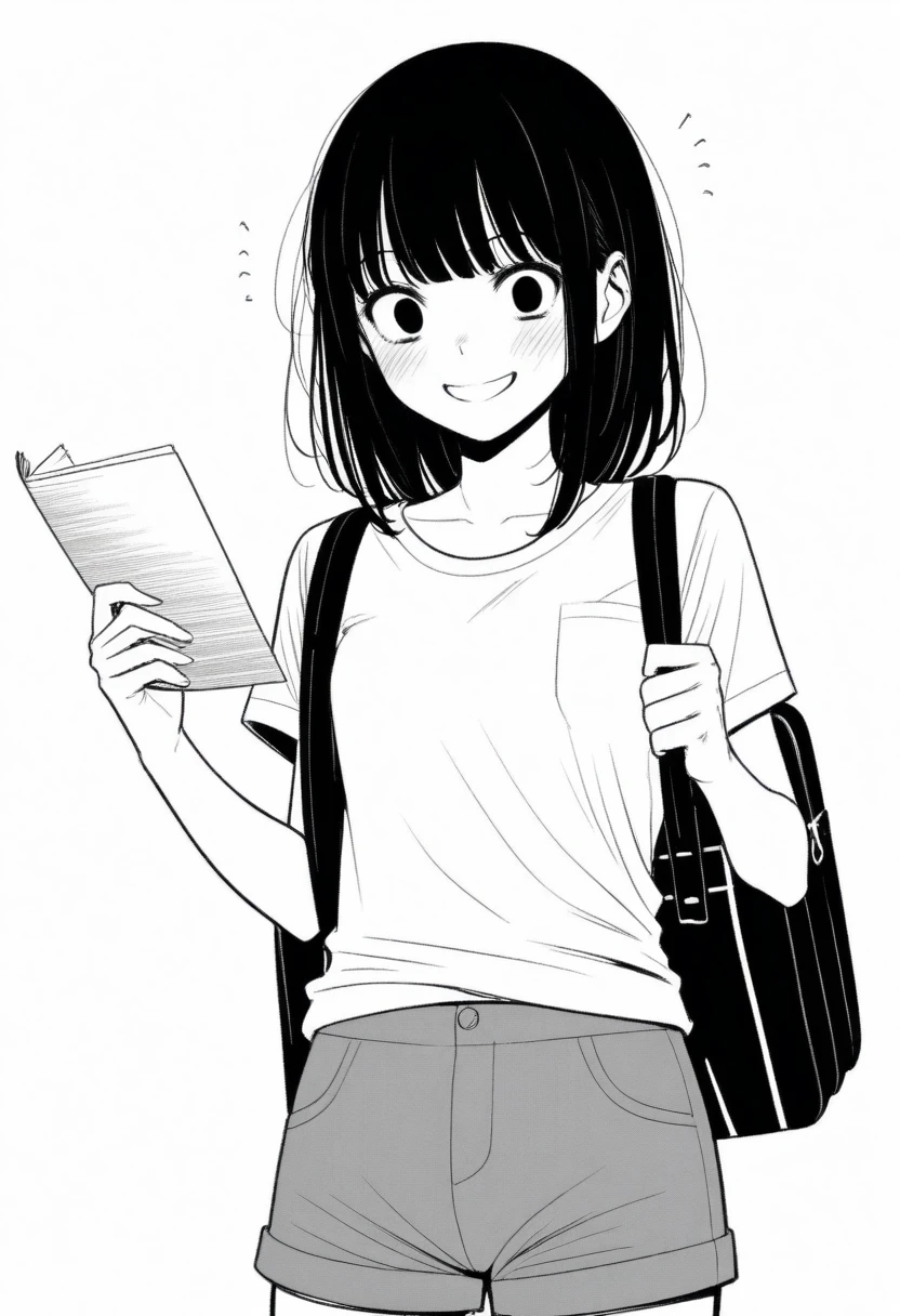 masterpiece, best quality, 1girl, mamerakkkkko, grayscale, manga style, japanese, chi no wadachi, black eyes, street, iced, black hair, schoolbag, smile, lineart, white background, white shirt, grey shorts, centered
