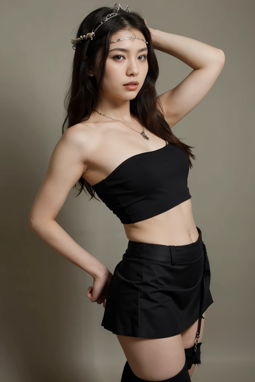 skinny asian girl, with black long hair, high heels, a black skirt and a black top with neck accesories and a silver crown in a green background