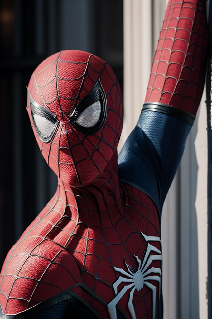 A photograph of Spider-Man., sin mascara, the 20s, elegante, cara detallada, looking to the camera, retrato, 8k hd, alta calidad