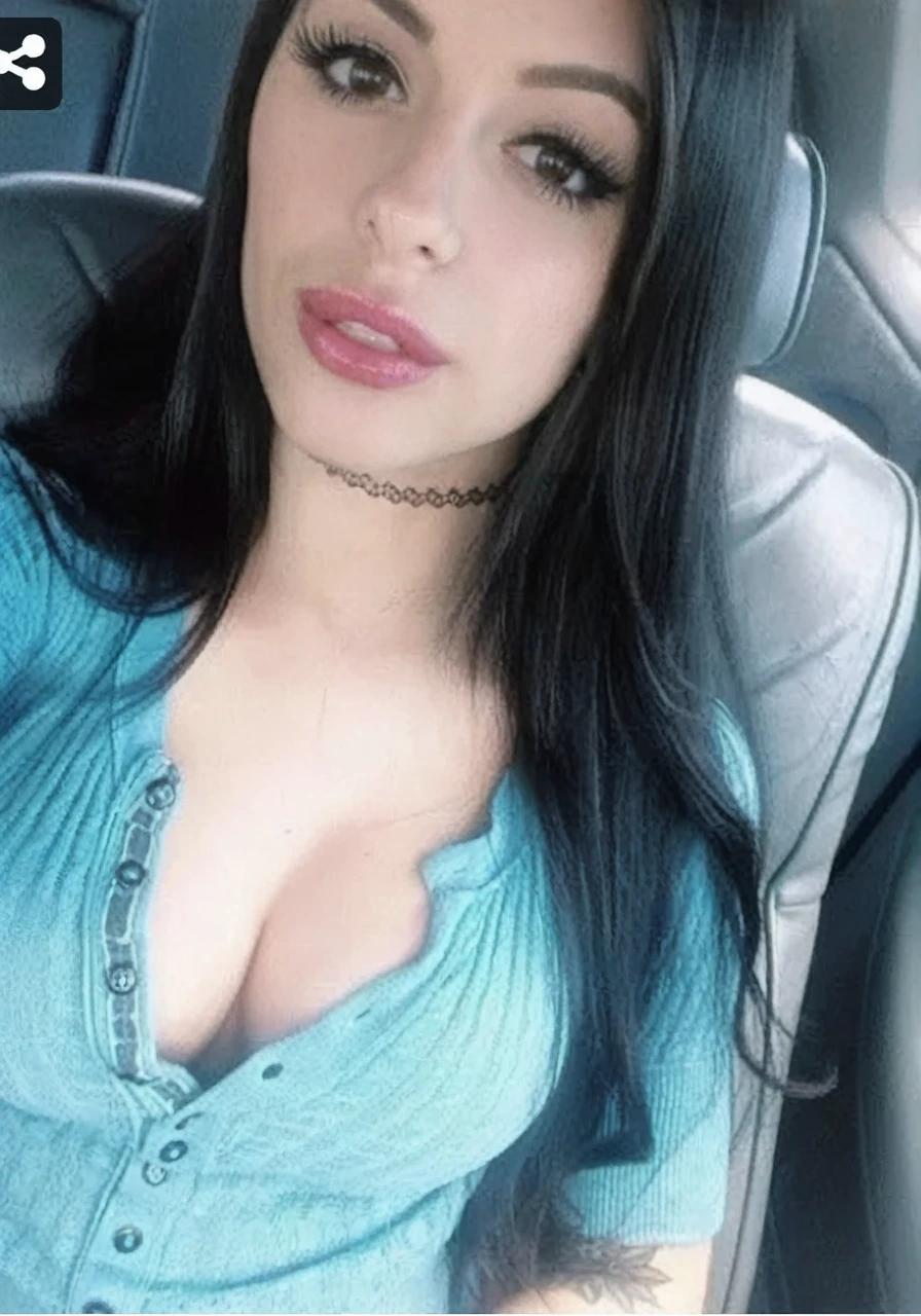 Sexy young woman, large breasts, blue henley shirt,