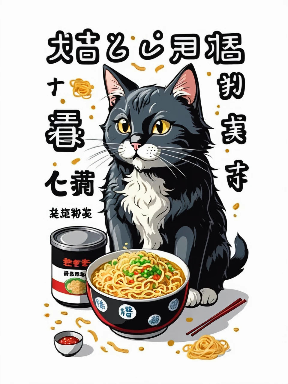 Cat eating instant noodles, comics style illustration, oversimplified, simple background
