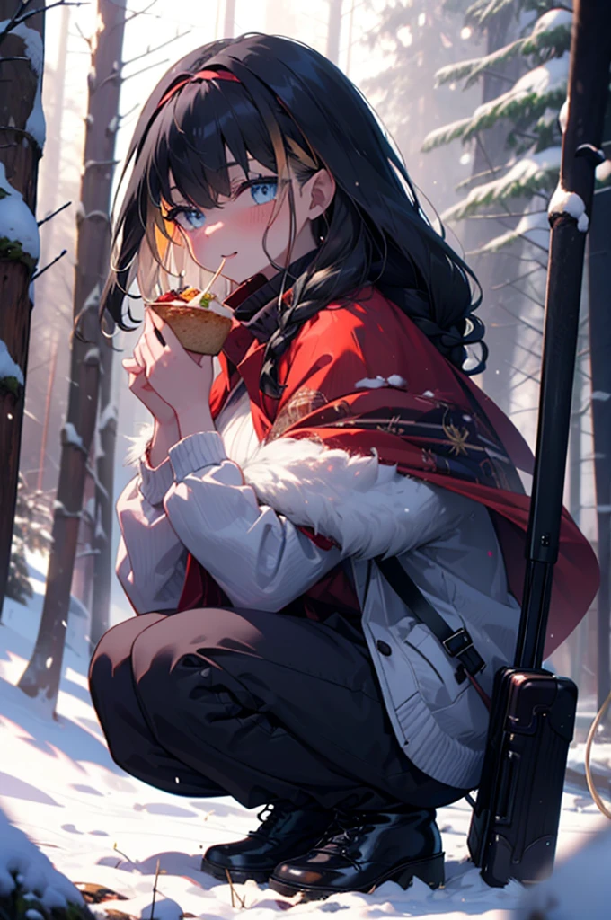 small, small, Black Hair, blue eyes, demon tail, hair band, Long Hair, mechanical tail, Multicolored Hair, tail, smile,blush,White Breath,Big Breasts,
Open your mouth,snow,Ground bonfire, Outdoor, boots, snowing, From the side, wood, suitcase, Cape, Blurred, having meal, forest, White handbag, nature, Squat, Mouth closed, Cape, winter, Written boundary depth, Black shoes, red Cape break looking at viewer, Upper Body, whole body, break Outdoor, forest, nature, break (masterpiece:1.2), Highest quality, High resolution, unity 8k wallpaper, (shape:0.8), (beautiful detailed eyes:1.6), extremely detailed face, Perfect lighting, extremely detailed CG, (Perfect hands, Perfect Anatomy),