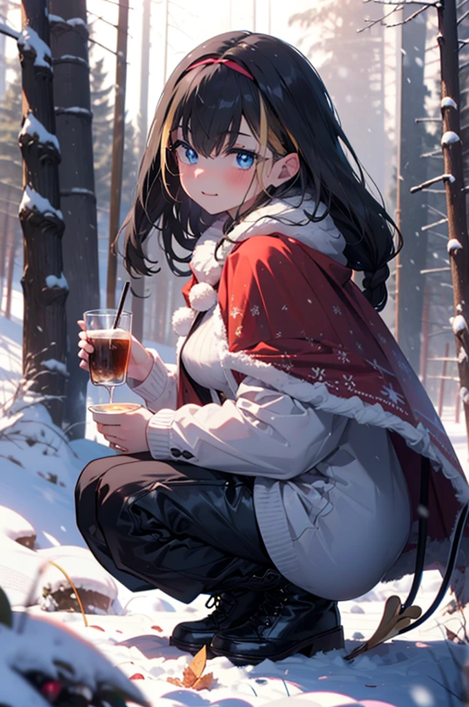 small, small, Black Hair, blue eyes, demon tail, hair band, Long Hair, mechanical tail, Multicolored Hair, tail, smile,blush,White Breath,Big Breasts,
Open your mouth,snow,Ground bonfire, Outdoor, boots, snowing, From the side, wood, suitcase, Cape, Blurred, having meal, forest, White handbag, nature, Squat, Mouth closed, Cape, winter, Written boundary depth, Black shoes, red Cape break looking at viewer, Upper Body, whole body, break Outdoor, forest, nature, break (masterpiece:1.2), Highest quality, High resolution, unity 8k wallpaper, (shape:0.8), (beautiful detailed eyes:1.6), extremely detailed face, Perfect lighting, extremely detailed CG, (Perfect hands, Perfect Anatomy),