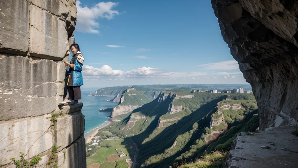 A close-up photo of a mobile phone，Above is a photo of a person on a cliff, author：Li Song, Queen of the Sea Mu Yanling, by Qu Leilei, Popular on cgstation, inspired author：Li Song, Inspired by Tang Yifen, Inspired by Qiu Ying, author：Xia Gui, by Li Tiefu, g liulian art style
