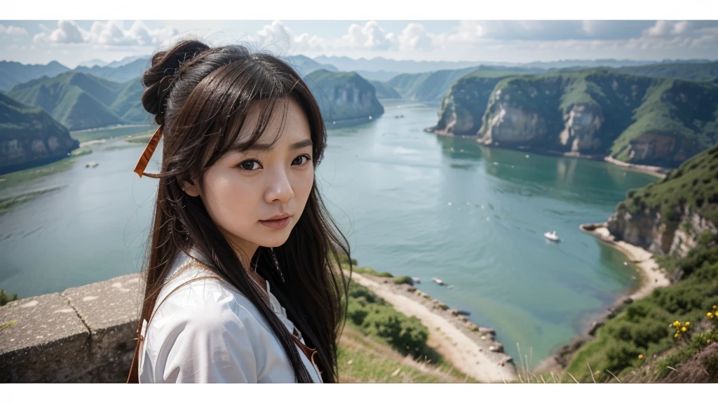 A close-up photo of a mobile phone，Above is a photo of a person on a cliff, author：Li Song, Queen of the Sea Mu Yanling, by Qu Leilei, Popular on cgstation, inspired author：Li Song, Inspired by Tang Yifen, Inspired by Qiu Ying, author：Xia Gui, by Li Tiefu, g liulian art style