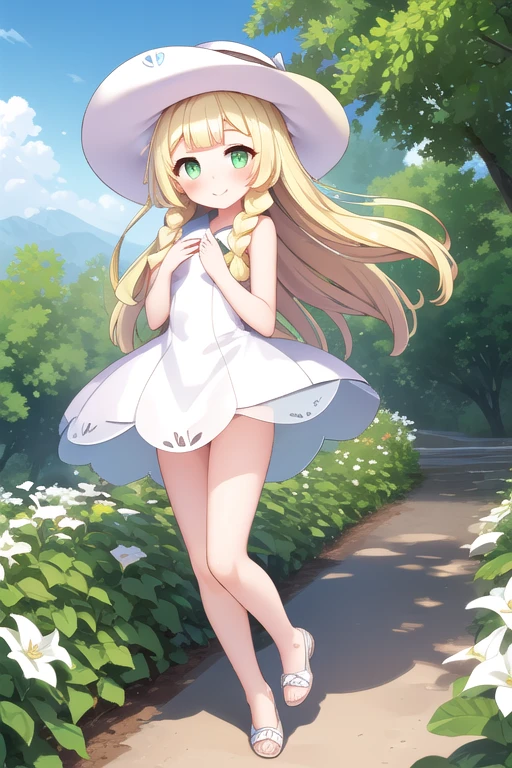 1 girl, masterpiece, top quality, lillie (pokemon), lillie, dress, green eyes, blonde hair, long hair, white dress, blush, white hat, big hat, looking at viewer, , braids, twin braids, blonde, Full body image, jump, outdoors, nature, sky, cute, happy, nice smile, young, bright sunlight, lily flower, have flowers, white lily, (masterpiece:1.2), best quality, high resolution, unity 8k wallpaper, (illustration:0.8), (beautiful detailed eyes:1.6), extremely detailed face, perfect lighting, extremely detailed CG, (perfect hands, perfect anatomy),