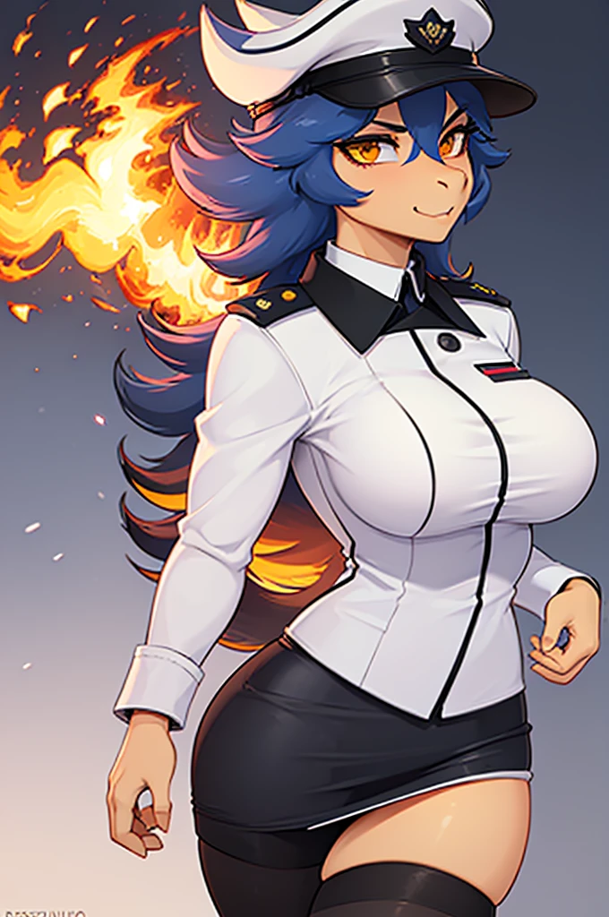 (masterpiece:1.2), (best quality:1.4), beautiful, high quality, (highres:1.1), detailed, extremely detailed 4K, perfect face, perfect lighting, (1girl, solo, adult female, mature female), (by bastika, by cutesexyrobutts, by hioshiru)
Typhlosion,
(fluffy fur, detailed fur, yellow eyes), muscular, (slim:1.4), (thin:1.3), (tall:1.2), [blue fur], fang, military uniform, breasts, tight clothes, black tight skirt, white background,
OfficerA, dress jacket, tassels, OffierA military hat, (fire neck:1.2), epaulets, collared_shirt, thigh gap, (white uniform:1.5), holding beer