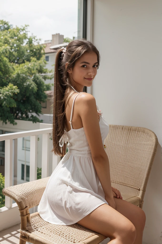 real woman, she is name ahu 20 years old (brunette) ,(tall woman),(long legs),single woman, chest 80 waist 60 hip 80 , G30, tall woman, she is wear A pink dress with string straps and white small flower patterns, the length of the dress ends just above her knees, the girl is sitting on the chair with her feet crossed, the girl is sitting on the balcony of the house, there is a window behind the girl, the wall is white, the girl's hands cannot be seen, the girl's hands are on her legs. Between, the girl's eyes are hazel color, the details of her eyes are very clear, white wall,photo machine flash, canon eos rs,f/1.2, ultrarealistic, night, white illumunate, white spot, power white spot in the room,She is sitting on the chair, touching her hair with her hand, resting her hand on her hair, giving a sexy look, smiling slightly, pulling her hair into a ponytail,