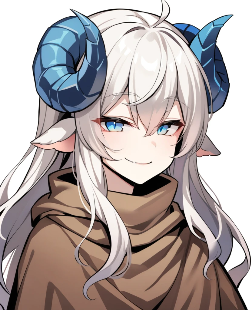 1boy, solo, , score_9_up, Monstergirl Encyclopedia, sheep horns, curled horns, blue horns, sheep ears, white hair, long hair, messy hair, fluffy hair, long bangs, pale skin, blue eyes, smile, smug, stoic, standing, (dark brown poncho), (white background, simple background), upper body, masterpiece, best quality,