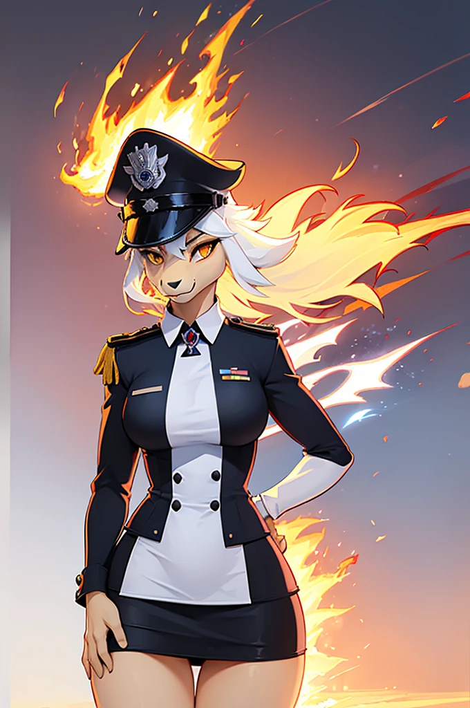 (masterpiece:1.2), (best quality:1.4), beautiful, high quality, (highres:1.1), detailed, extremely detailed 4K, perfect face, perfect lighting, (1girl, solo, adult female, mature female), (by bastika, by cutesexyrobutts, by hioshiru)
Typhlosion, furry, anthro
(fluffy fur, detailed fur, yellow eyes), muscular, (slim:1.4), (thin:1.3), (tall:1.2), [blue fur], fang, military uniform, breasts, tight clothes, black tight skirt, white background,
OfficerA, dress jacket, tassels, OffierA military hat, (fire neck:1.2), epaulets, collared_shirt, thigh gap, (white uniform:1.5), holding beer