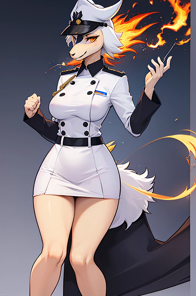 (masterpiece:1.2), (best quality:1.4), beautiful, high quality, (highres:1.1), detailed, extremely detailed 4K, perfect face, perfect lighting, (1girl, solo, adult female, mature female), (by bastika, by cutesexyrobutts, by hioshiru)
Typhlosion, furry, anthro
(fluffy fur, detailed fur, yellow eyes), muscular, (slim:1.4), (thin:1.3), (tall:1.2), [blue fur], fang, military uniform, breasts, tight clothes, black tight skirt, white background,
OfficerA, dress jacket, tassels, OffierA military hat, (fire neck:1.2), epaulets, collared_shirt, thigh gap, (white uniform:1.5), holding beer