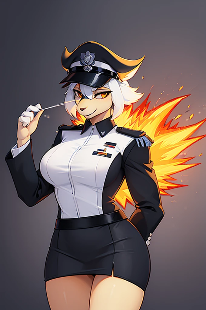 (masterpiece:1.2), (best quality:1.4), beautiful, high quality, (highres:1.1), detailed, extremely detailed 4K, perfect face, perfect lighting, (1girl, solo, adult female, mature female), (by bastika, by cutesexyrobutts, by hioshiru)
Typhlosion, furry, anthro
(fluffy fur, detailed fur, yellow eyes), muscular, (slim:1.4), (thin:1.3), (tall:1.2), [blue fur], fang, military uniform, breasts, tight clothes, black tight skirt, white background,
OfficerA, dress jacket, tassels, OffierA military hat, (fire neck:1.2), epaulets, collared_shirt, thigh gap, (white uniform:1.5), holding beer