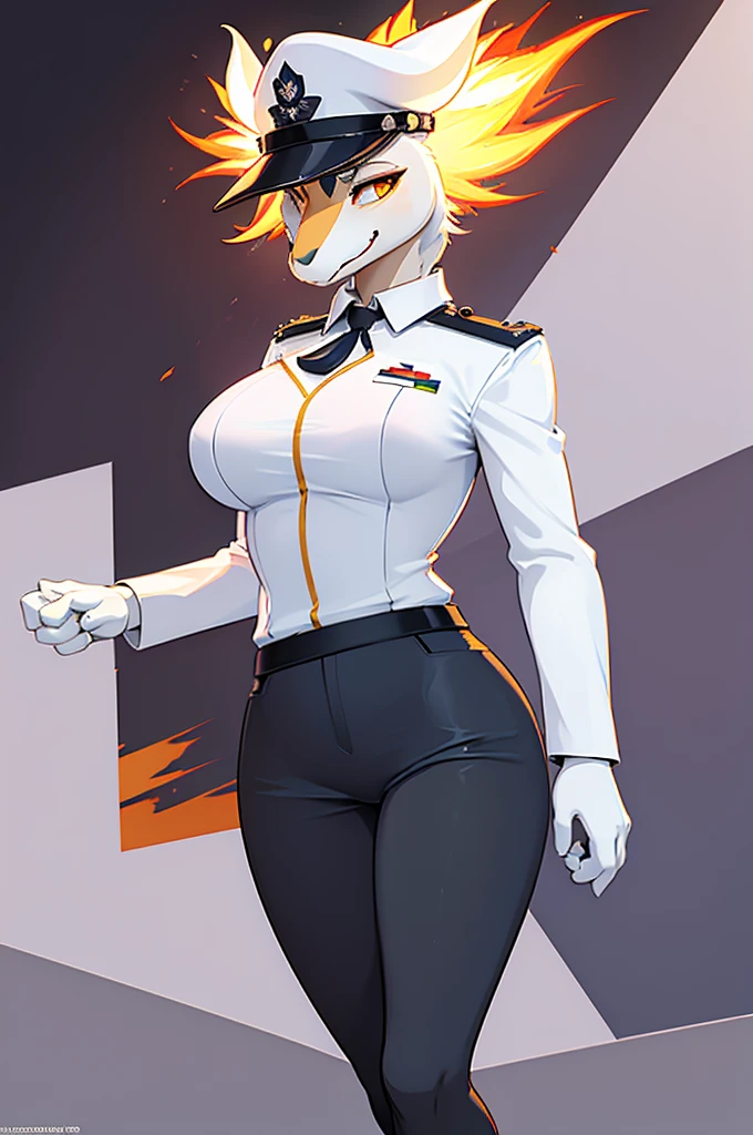 (masterpiece:1.2), (best quality:1.4), beautiful, high quality, (highres:1.1), detailed, extremely detailed 4K, perfect face, perfect lighting, (1girl, solo, adult female, mature female), (by bastika, by cutesexyrobutts, by hioshiru)
Typhlosion, furry, anthro
(fluffy fur, detailed fur, yellow eyes), muscular, (slim:1.4), (thin:1.3), (tall:1.2), [blue fur], fang, military uniform, breasts, tight clothes, black tight skirt, white background,
OfficerA, dress jacket, tassels, OffierA military hat, (fire neck:1.2), epaulets, collared_shirt, thigh gap, (white uniform:1.5), holding beer