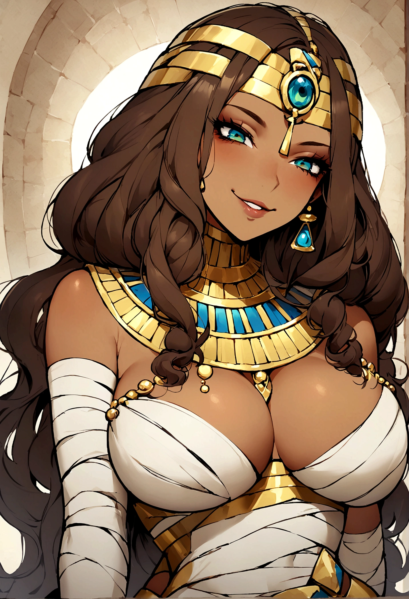 Woman,tan skin,her eyes have softened into a deep captivating green reflecting an unwavering devotion. Her hair is a rich chestnut brown, flowing down to her waist in soft, wavy tresses. her body, too, has become more voluptuous. Her attire is composed by bandages wrapping around her form like a mummy. Revealing clothes, The bandages are interlaced with silver threads, creating a striking contrast against her tanned skin. She wears golden jewelry. Giggling. Evil smile, egyptian style clothing, egyptian style hairstyle