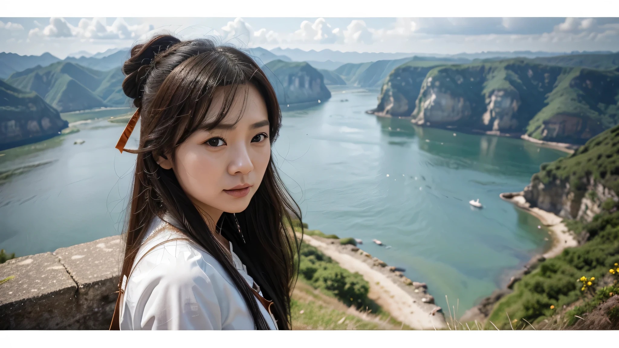 A close-up photo of a mobile phone,Above is a photo of a person on a cliff, author:Li Song, Queen of the Sea Mu Yanling, by Qu Leilei, Popular on cgstation, inspired author:Li Song, Inspired by Tang Yifen, Inspired by Qiu Ying, author:Xia Gui, by Li Tiefu, g liulian art style