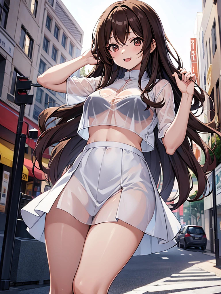 a happy anime girl with brown wavy hair, in a white see through shirt, with a white bra visible, wearing a small skirt, standing in a public square, with thick thighs, and medium breasts,