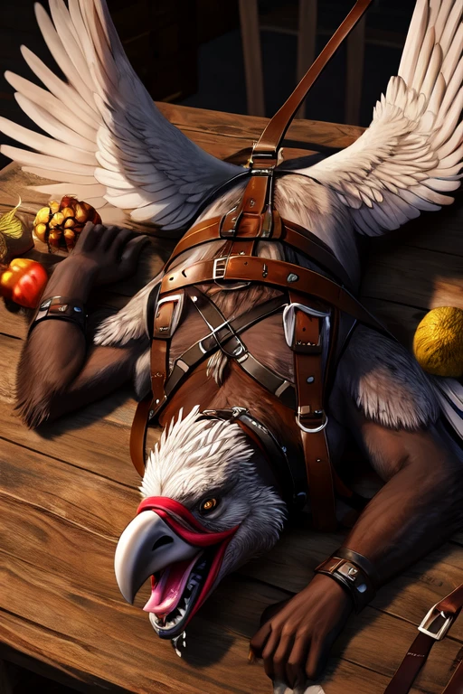 feathered griffin body lying down on the table. Wings spread out and Strapped to the table with leather straps. Mouth wide open with no teeth and fangs and tooth. Milk dripping out of mouth splattering onto the table. Milk inside mouth. Photorealistic. Head tied down to the table. Leather harness on head
