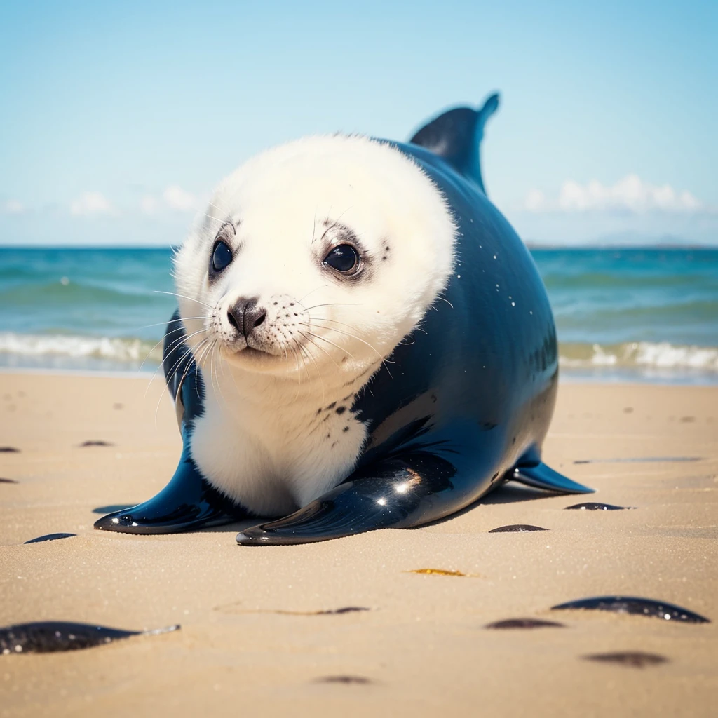 Small Animals, baby seal mixed with whale sea, has yellow and blue stripes on its body, Grassroots, no background, (has beard), ((gold eyes))