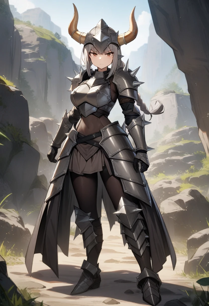 1girl, tall, serious, drill horn, helmet, spikes, wearing a gray rock armor, natural breasts, spiky hair, long braid, gray hair, brown eyes, rough rocky terrain, masterpiece quality, ultra HD, 4K, best quality,