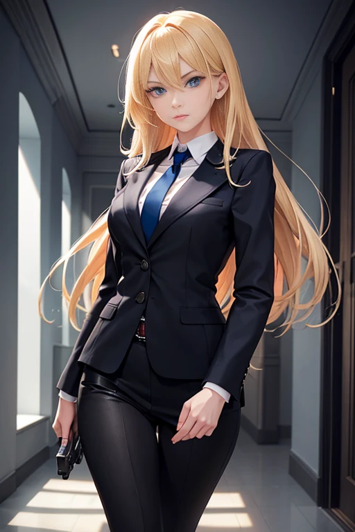 a young woman with vibrant blonde hair and striking blue eyes strides confidently, dressed in a professional black blazer paired with a red tie cloaking her in an air of mystery. She's aiming a gun, the barrel pointed down the corridor where the light is fading into darkness. Her expression is serious, her eyes focused on something out of frame, hinting at a tense situation unfolding.