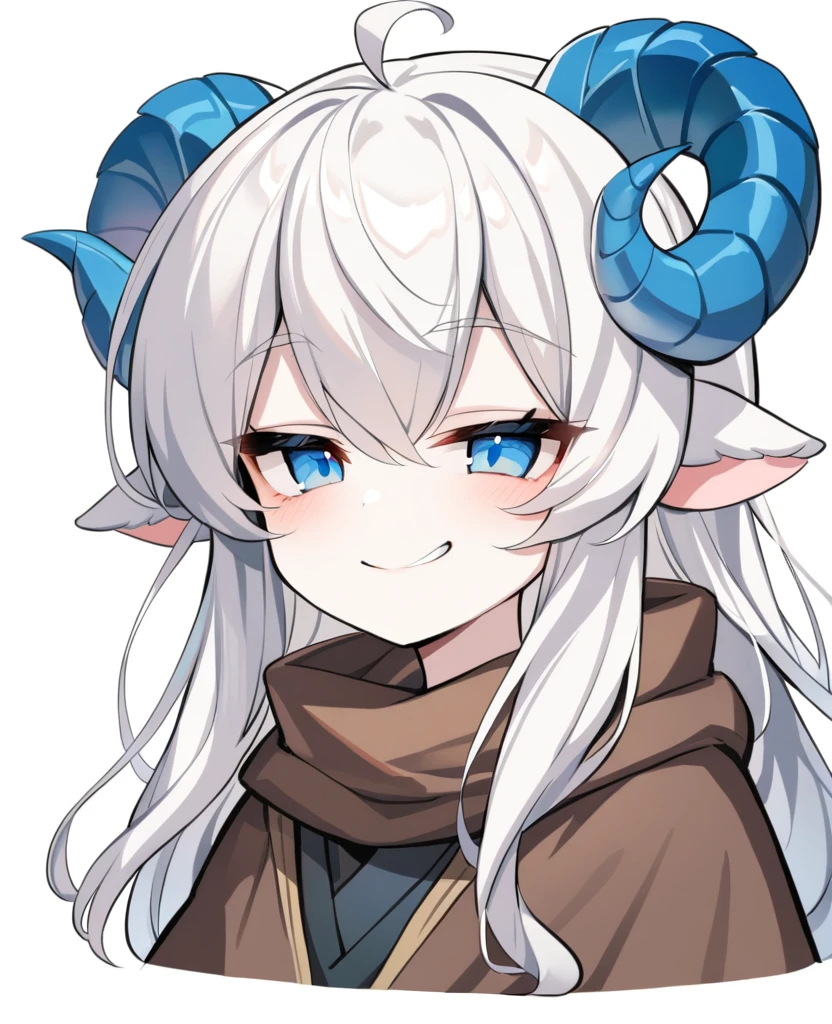1boy, solo, , score_9_up, Monstergirl Encyclopedia, sheep horns, curled horns, blue horns, sheep ears, white hair, long hair, messy hair, fluffy hair, long bangs, pale skin, blue eyes, smile, smug, stoic, standing, (dark brown poncho), (white background, simple background), upper body, masterpiece, best quality,