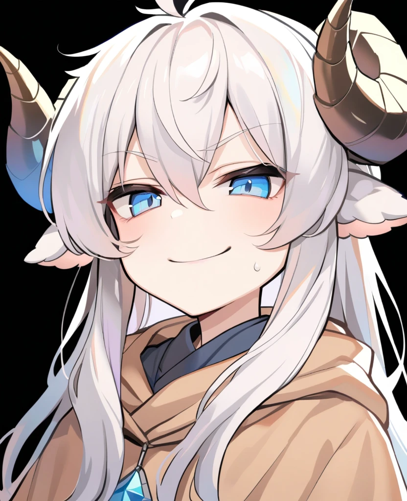 1boy, solo, little boy, score_9_up, Monstergirl Encyclopedia, sheep horns, curled horns, blue horns, sheep ears, white hair, long hair, messy hair, fluffy hair, long bangs, pale skin, blue eyes, smile, smug, stoic, standing, (dark brown poncho), (white background, simple background), upper body, masterpiece, best quality,