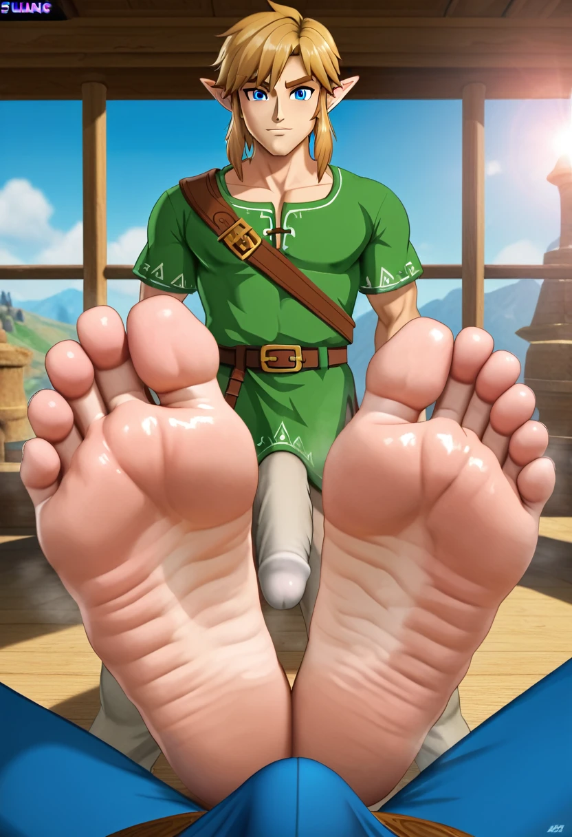 Link from Zelda games, detailed feet, foot fetish, soles, toes, beautiful face, wrinkled soles, stinky feet, stink steam, blond hairs , beautiful blue eyes, big penis shape under clothes, sexy male character . Masterpiece, 4k, ultra detailed soles, ultra detailed face, beautiful hair, two feet, fives toes. plains background. UHD