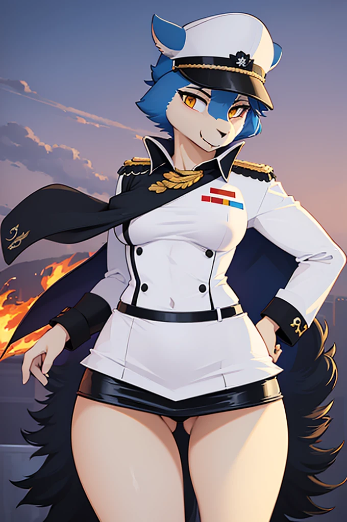(masterpiece:1.2), (best quality:1.4), beautiful, high quality, (highres:1.1), detailed, extremely detailed 4K, perfect face, perfect lighting, (1girl, solo, adult female, mature female),
Typhlosion, furry, anthro
(fluffy fur, detailed fur, yellow eyes), muscular, (slim:1.4), (thin:1.3), (tall:1.2), [blue fur], fang, military uniform, breasts, tight clothes, black tight skirt, white background,
OfficerA, dress jacket, tassels, OffierA military hat, (fire neck:1.2), epaulets, collared_shirt, thigh gap, (white uniform:1.5), holding beer